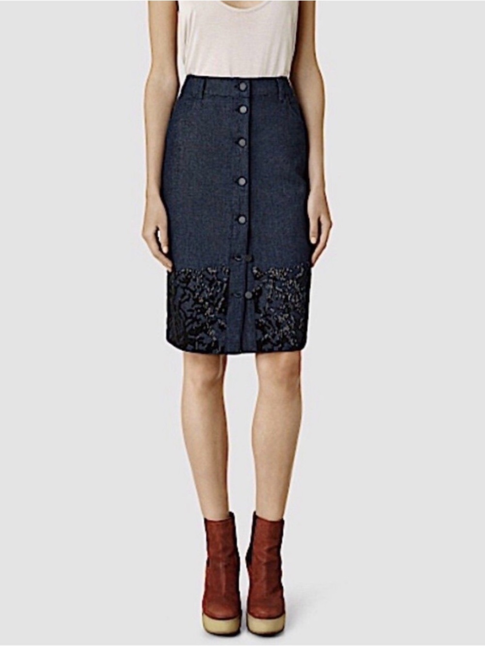 All Saints blue swyni denim hand-beaded embellished jean pencil skirt size 4